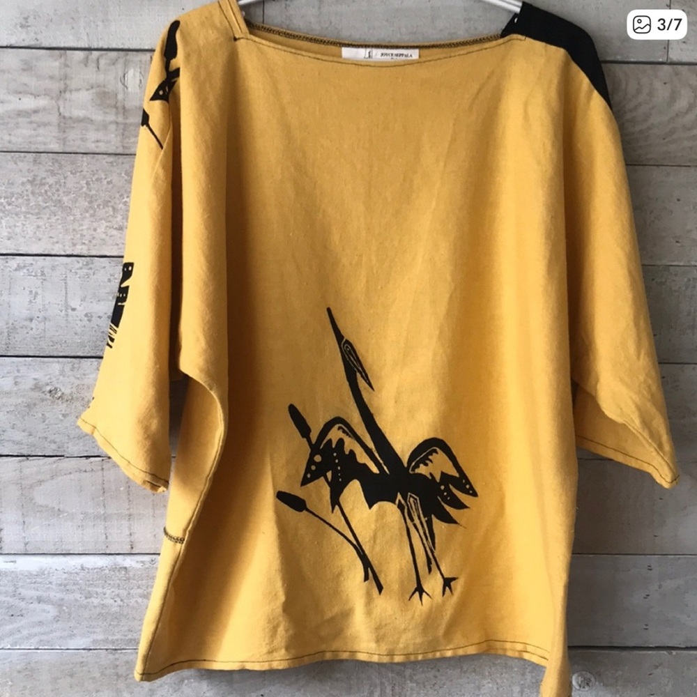 Joyce Seppala Yellow Graphic Top with Black Crane Design - Picture 3 of 5